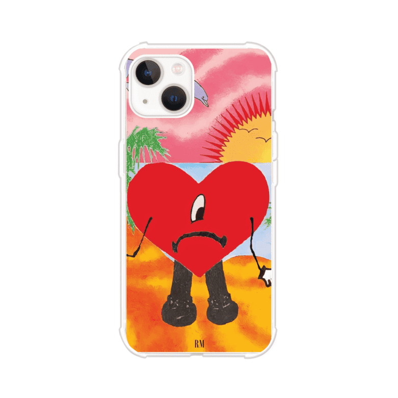 Funda para iPhone inspirada en el álbum "Un Verano Sin Ti" de Bad Bunny. Diseño con fondo de playa, palmeras, atardecer, delfines y el icónico corazón triste con piernas. Estilo colorido, urbano y veraniego. Producto de Remark Mx
