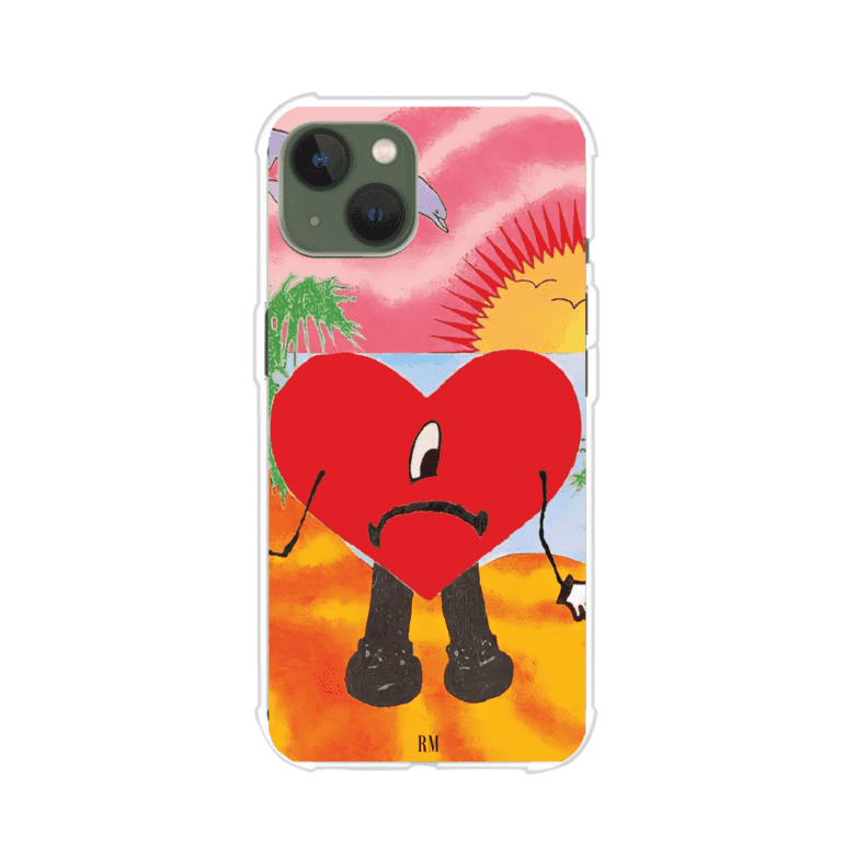 Funda para iPhone inspirada en el álbum "Un Verano Sin Ti" de Bad Bunny. Diseño con fondo de playa, palmeras, atardecer, delfines y el icónico corazón triste con piernas. Estilo colorido, urbano y veraniego. Producto de Remark Mx