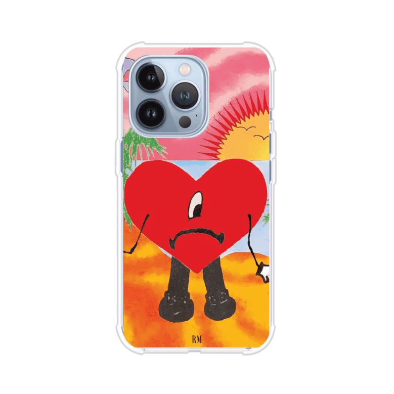 Funda para iPhone inspirada en el álbum "Un Verano Sin Ti" de Bad Bunny. Diseño con fondo de playa, palmeras, atardecer, delfines y el icónico corazón triste con piernas. Estilo colorido, urbano y veraniego. Producto de Remark Mx