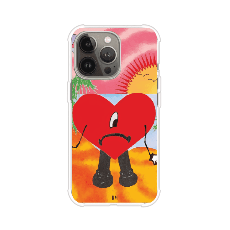 Funda para iPhone inspirada en el álbum "Un Verano Sin Ti" de Bad Bunny. Diseño con fondo de playa, palmeras, atardecer, delfines y el icónico corazón triste con piernas. Estilo colorido, urbano y veraniego. Producto de Remark Mx