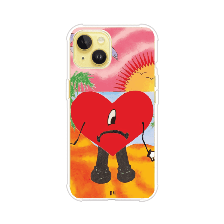 Funda para iPhone inspirada en el álbum "Un Verano Sin Ti" de Bad Bunny. Diseño con fondo de playa, palmeras, atardecer, delfines y el icónico corazón triste con piernas. Estilo colorido, urbano y veraniego. Producto de Remark Mx