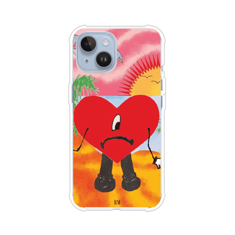 Funda para iPhone inspirada en el álbum "Un Verano Sin Ti" de Bad Bunny. Diseño con fondo de playa, palmeras, atardecer, delfines y el icónico corazón triste con piernas. Estilo colorido, urbano y veraniego. Producto de Remark Mx
