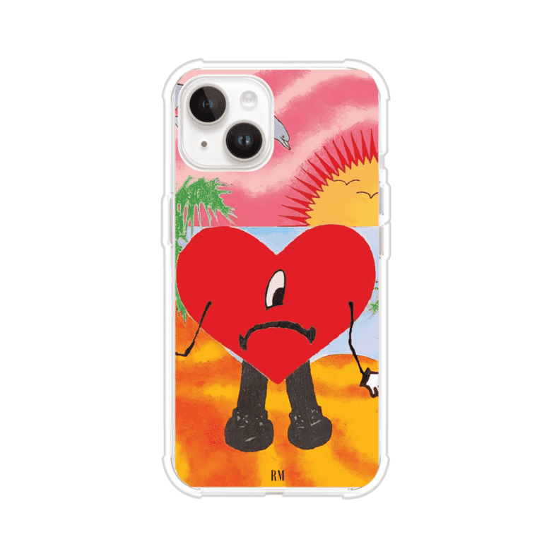 Funda para iPhone inspirada en el álbum "Un Verano Sin Ti" de Bad Bunny. Diseño con fondo de playa, palmeras, atardecer, delfines y el icónico corazón triste con piernas. Estilo colorido, urbano y veraniego. Producto de Remark Mx