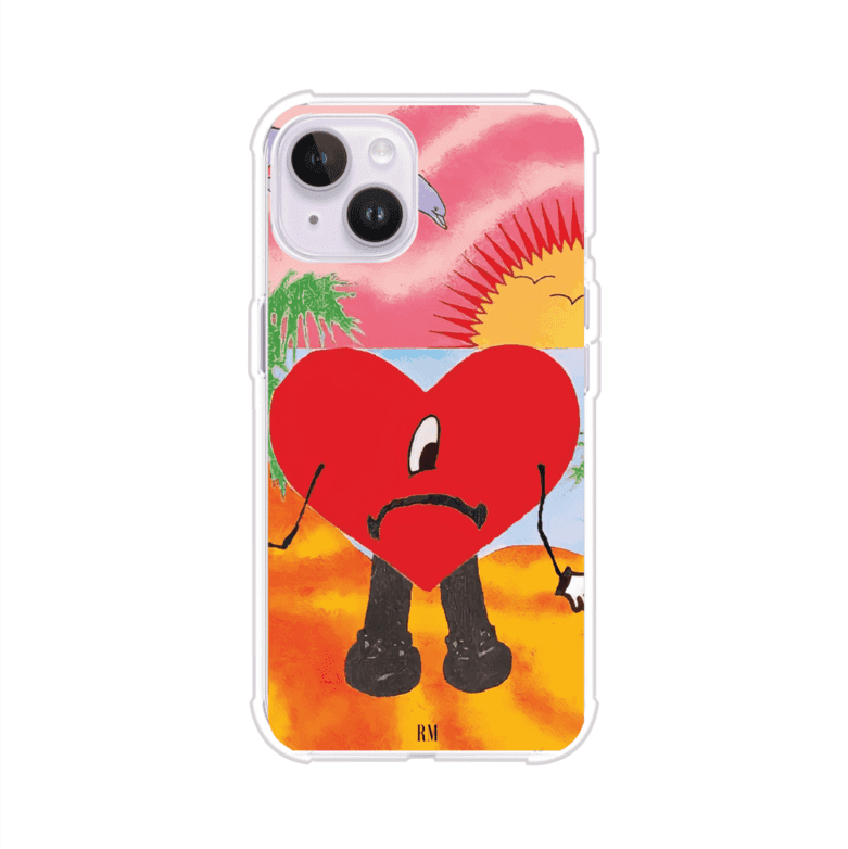 Funda para iPhone inspirada en el álbum "Un Verano Sin Ti" de Bad Bunny. Diseño con fondo de playa, palmeras, atardecer, delfines y el icónico corazón triste con piernas. Estilo colorido, urbano y veraniego. Producto de Remark Mx