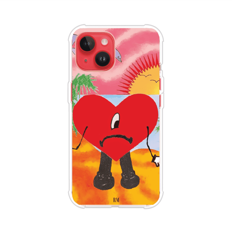 Funda para iPhone inspirada en el álbum "Un Verano Sin Ti" de Bad Bunny. Diseño con fondo de playa, palmeras, atardecer, delfines y el icónico corazón triste con piernas. Estilo colorido, urbano y veraniego. Producto de Remark Mx