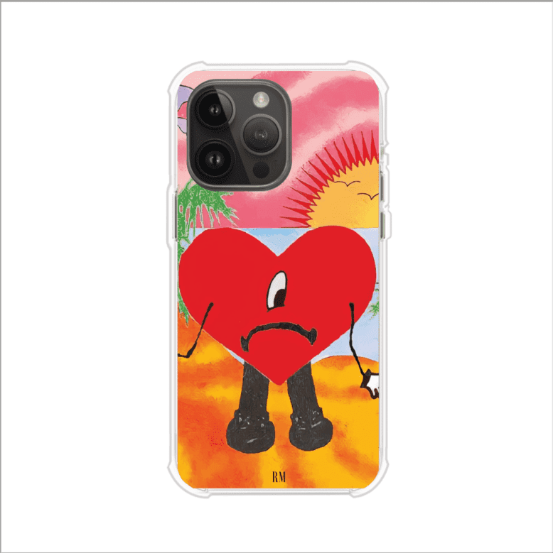 Funda para iPhone inspirada en el álbum "Un Verano Sin Ti" de Bad Bunny. Diseño con fondo de playa, palmeras, atardecer, delfines y el icónico corazón triste con piernas. Estilo colorido, urbano y veraniego. Producto de Remark Mx