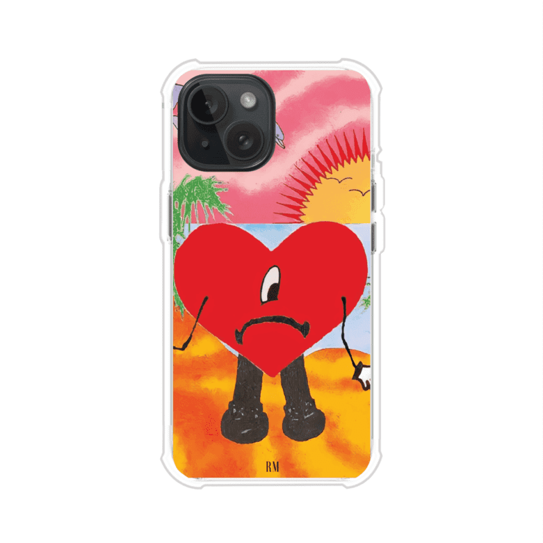 Funda para iPhone inspirada en el álbum "Un Verano Sin Ti" de Bad Bunny. Diseño con fondo de playa, palmeras, atardecer, delfines y el icónico corazón triste con piernas. Estilo colorido, urbano y veraniego. Producto de Remark Mx