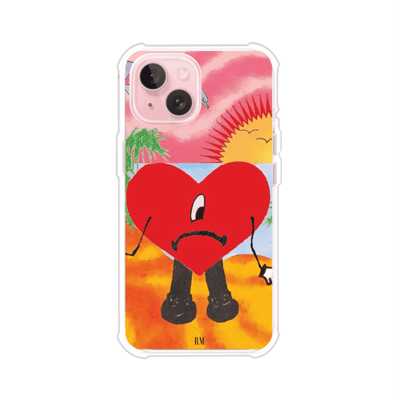 Funda para iPhone inspirada en el álbum "Un Verano Sin Ti" de Bad Bunny. Diseño con fondo de playa, palmeras, atardecer, delfines y el icónico corazón triste con piernas. Estilo colorido, urbano y veraniego. Producto de Remark Mx