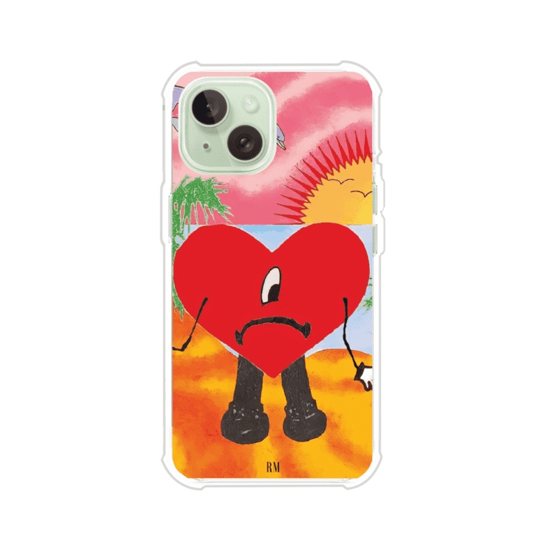 Funda para iPhone inspirada en el álbum "Un Verano Sin Ti" de Bad Bunny. Diseño con fondo de playa, palmeras, atardecer, delfines y el icónico corazón triste con piernas. Estilo colorido, urbano y veraniego. Producto de Remark Mx