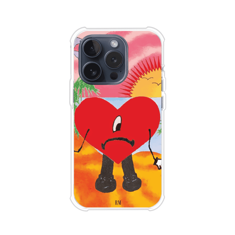 Funda para iPhone inspirada en el álbum "Un Verano Sin Ti" de Bad Bunny. Diseño con fondo de playa, palmeras, atardecer, delfines y el icónico corazón triste con piernas. Estilo colorido, urbano y veraniego. Producto de Remark Mx
