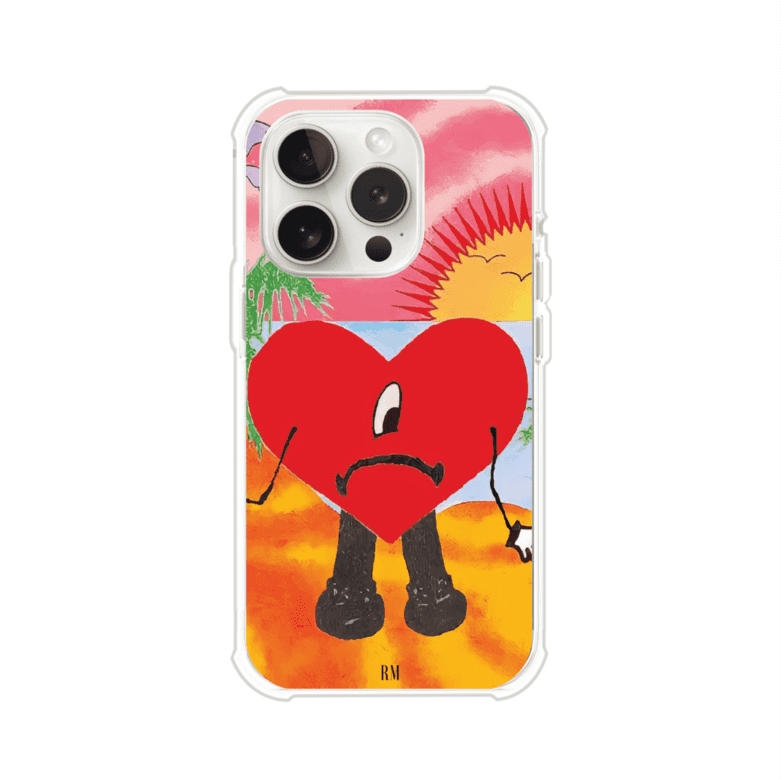 Funda para iPhone inspirada en el álbum "Un Verano Sin Ti" de Bad Bunny. Diseño con fondo de playa, palmeras, atardecer, delfines y el icónico corazón triste con piernas. Estilo colorido, urbano y veraniego. Producto de Remark Mx