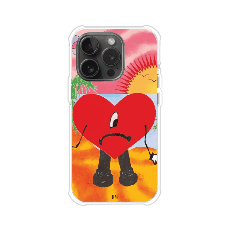 Funda para iPhone inspirada en el álbum "Un Verano Sin Ti" de Bad Bunny. Diseño con fondo de playa, palmeras, atardecer, delfines y el icónico corazón triste con piernas. Estilo colorido, urbano y veraniego. Producto de Remark Mx