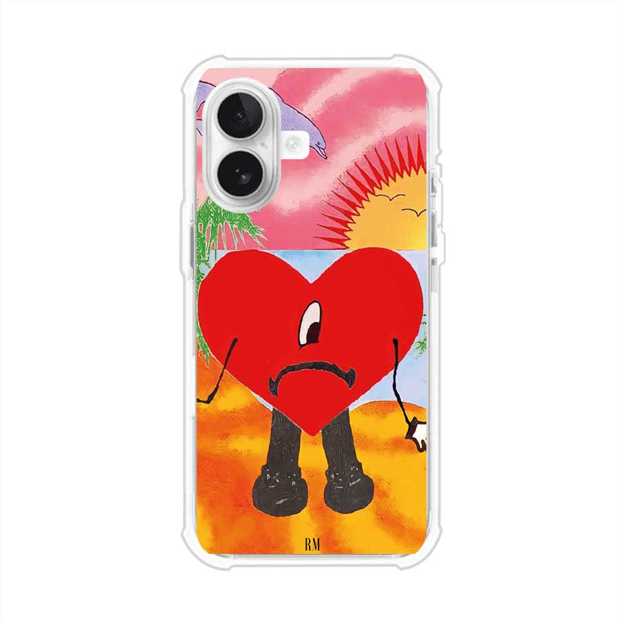 Funda para iPhone inspirada en el álbum "Un Verano Sin Ti" de Bad Bunny. Diseño con fondo de playa, palmeras, atardecer, delfines y el icónico corazón triste con piernas. Estilo colorido, urbano y veraniego. Producto de Remark Mx