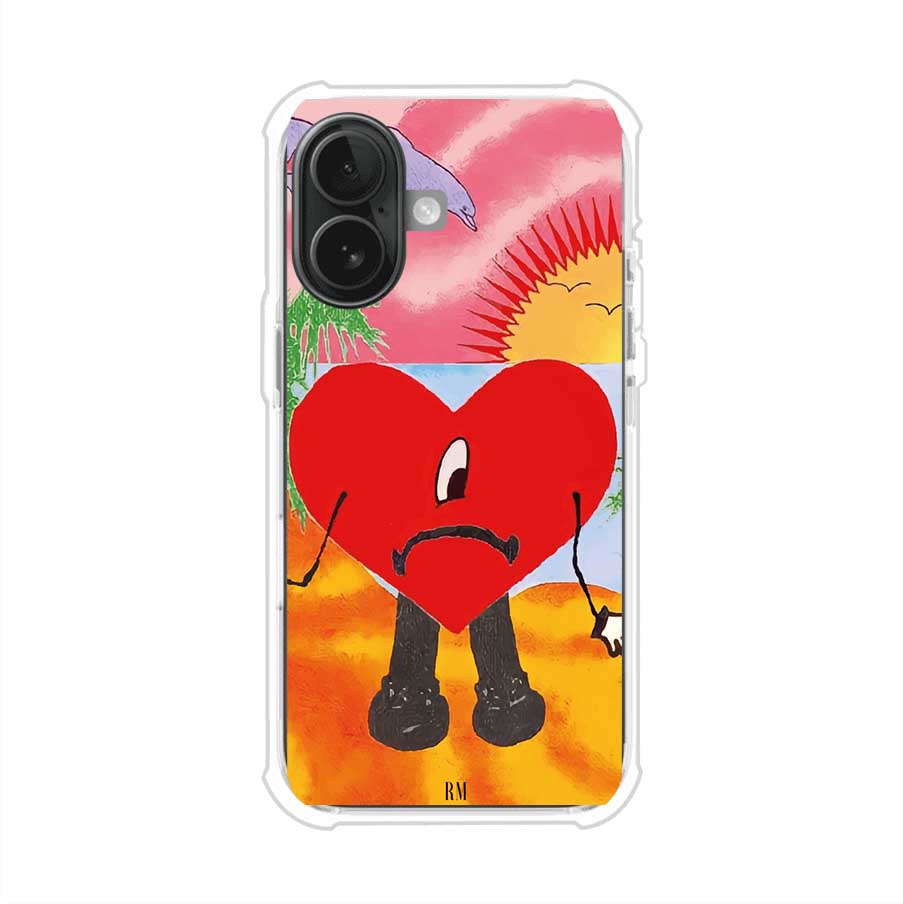 Funda para iPhone inspirada en el álbum "Un Verano Sin Ti" de Bad Bunny. Diseño con fondo de playa, palmeras, atardecer, delfines y el icónico corazón triste con piernas. Estilo colorido, urbano y veraniego. Producto de Remark Mx