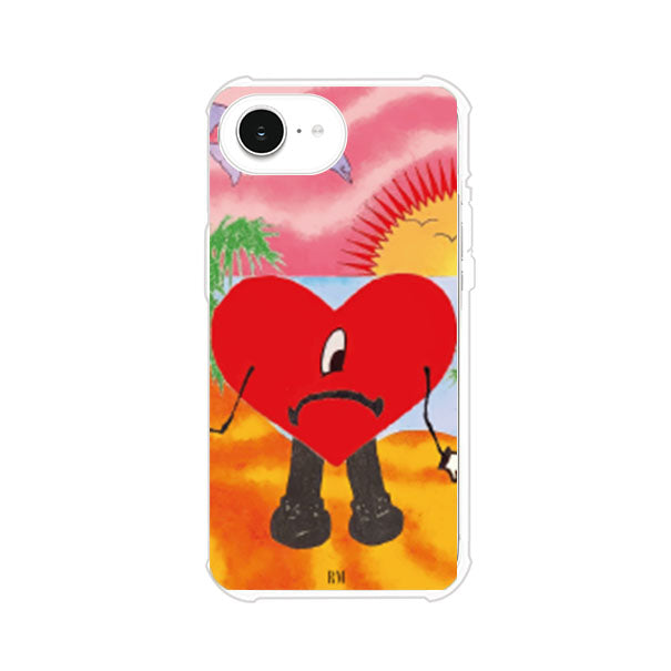 Funda para iPhone inspirada en el álbum "Un Verano Sin Ti" de Bad Bunny. Diseño con fondo de playa, palmeras, atardecer, delfines y el icónico corazón triste con piernas. Estilo colorido, urbano y veraniego. Producto de Remark Mx
