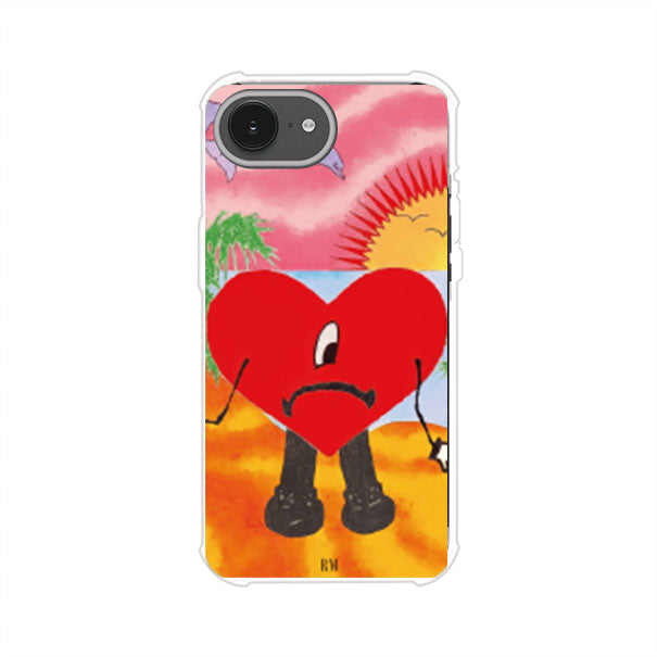 Funda para iPhone inspirada en el álbum "Un Verano Sin Ti" de Bad Bunny. Diseño con fondo de playa, palmeras, atardecer, delfines y el icónico corazón triste con piernas. Estilo colorido, urbano y veraniego. Producto de Remark Mx