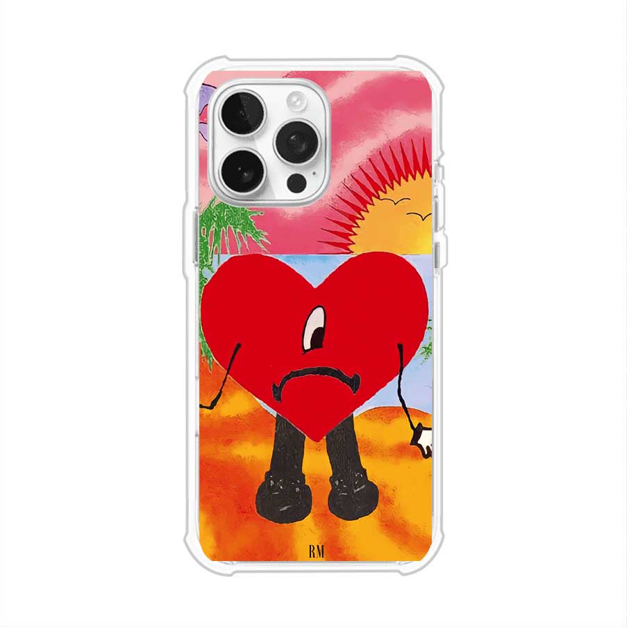 Funda para iPhone inspirada en el álbum "Un Verano Sin Ti" de Bad Bunny. Diseño con fondo de playa, palmeras, atardecer, delfines y el icónico corazón triste con piernas. Estilo colorido, urbano y veraniego. Producto de Remark Mx