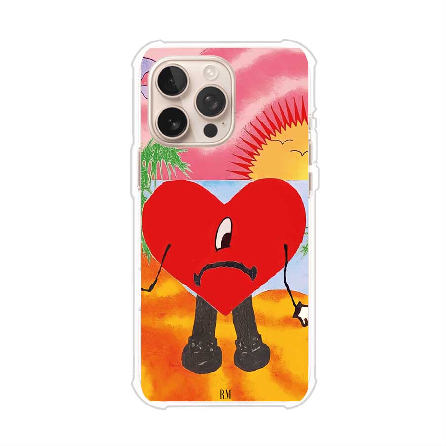 Funda para iPhone inspirada en el álbum "Un Verano Sin Ti" de Bad Bunny. Diseño con fondo de playa, palmeras, atardecer, delfines y el icónico corazón triste con piernas. Estilo colorido, urbano y veraniego. Producto de Remark Mx
