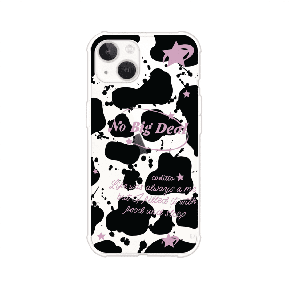 Funda estilo vaca en blanco, negro y rosa con frase No Big Deal para iPhone. Diseño divertido y aesthetic. Producto de Remark Mx