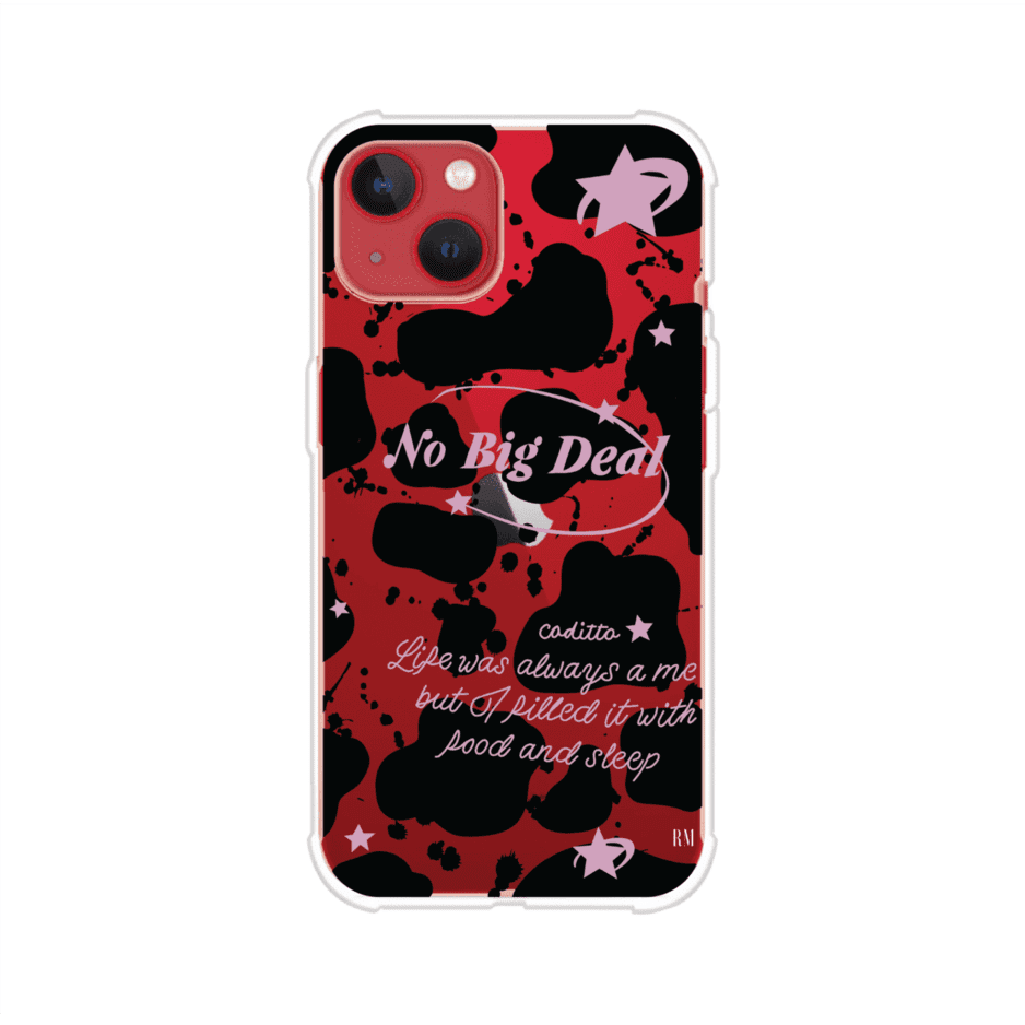 Funda estilo vaca en blanco, negro y rosa con frase No Big Deal para iPhone. Diseño divertido y aesthetic. Producto de Remark Mx