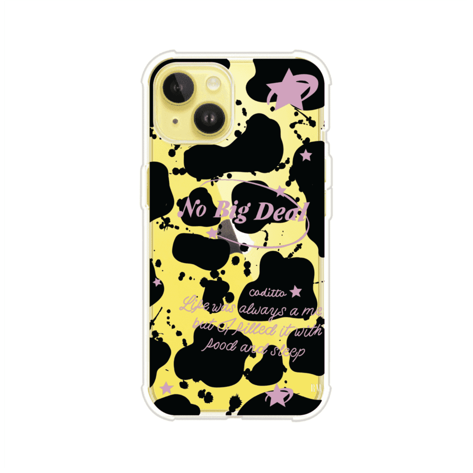 Funda estilo vaca en blanco, negro y rosa con frase No Big Deal para iPhone. Diseño divertido y aesthetic. Producto de Remark Mx