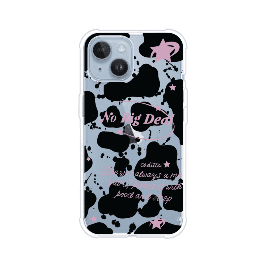 Funda estilo vaca en blanco, negro y rosa con frase No Big Deal para iPhone. Diseño divertido y aesthetic. Producto de Remark Mx