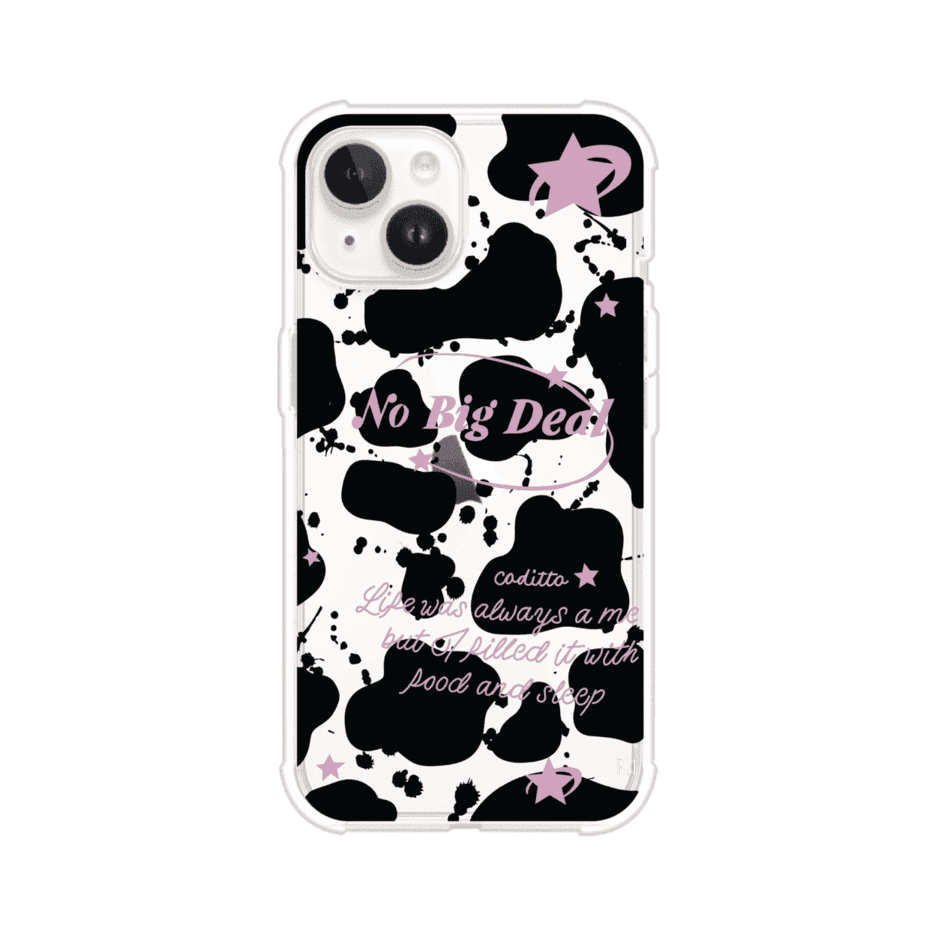 Funda estilo vaca en blanco, negro y rosa con frase No Big Deal para iPhone. Diseño divertido y aesthetic. Producto de Remark Mx