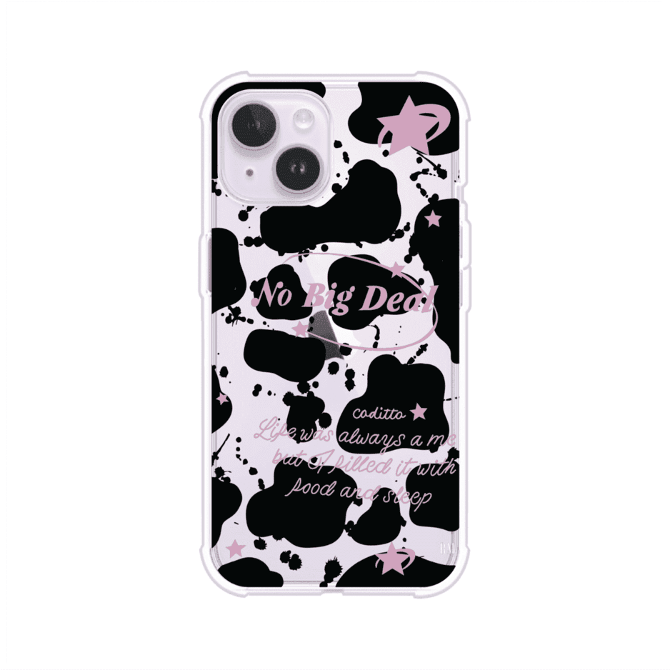 Funda estilo vaca en blanco, negro y rosa con frase No Big Deal para iPhone. Diseño divertido y aesthetic. Producto de Remark Mx