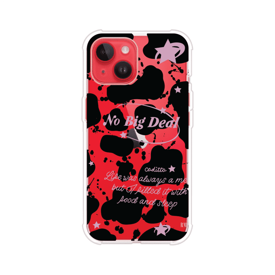 Funda estilo vaca en blanco, negro y rosa con frase No Big Deal para iPhone. Diseño divertido y aesthetic. Producto de Remark Mx