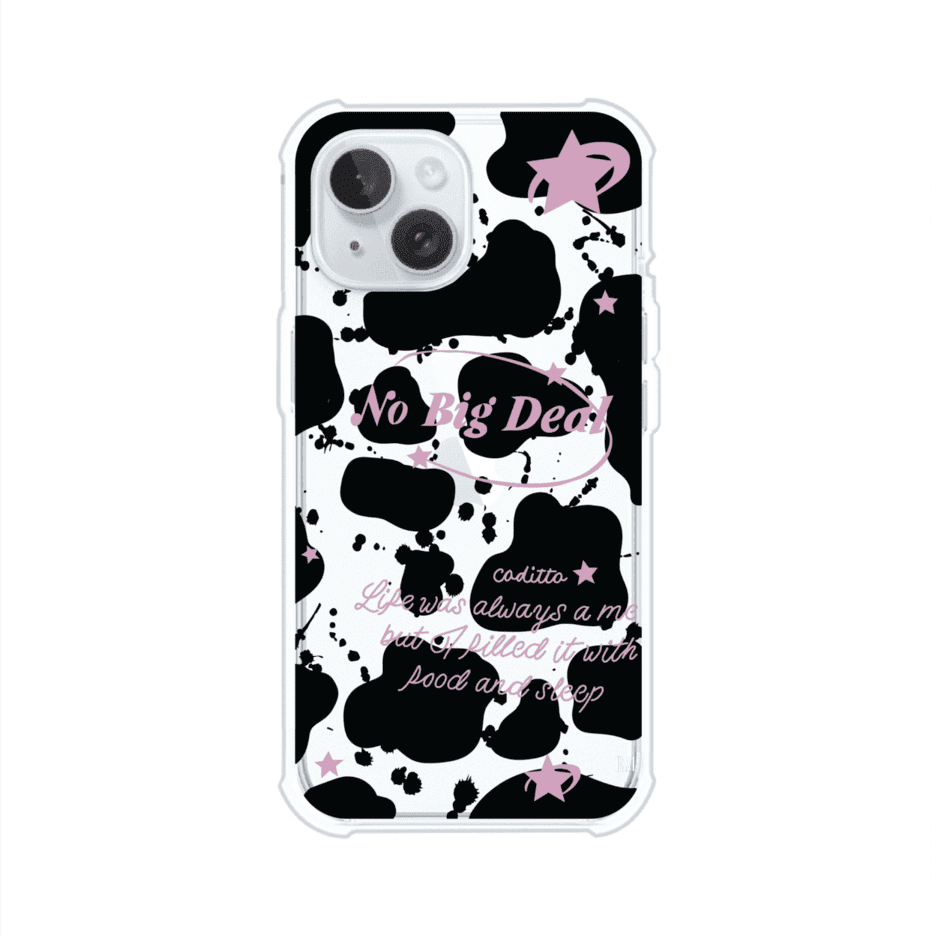 Funda estilo vaca en blanco, negro y rosa con frase No Big Deal para iPhone. Diseño divertido y aesthetic. Producto de Remark Mx