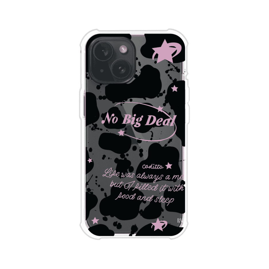 Funda estilo vaca en blanco, negro y rosa con frase No Big Deal para iPhone. Diseño divertido y aesthetic. Producto de Remark Mx