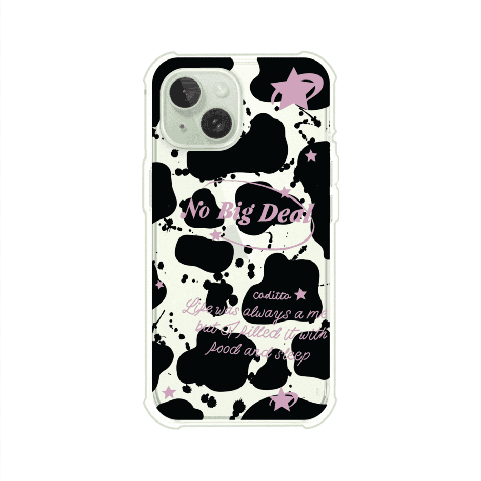 Funda estilo vaca en blanco, negro y rosa con frase No Big Deal para iPhone. Diseño divertido y aesthetic. Producto de Remark Mx