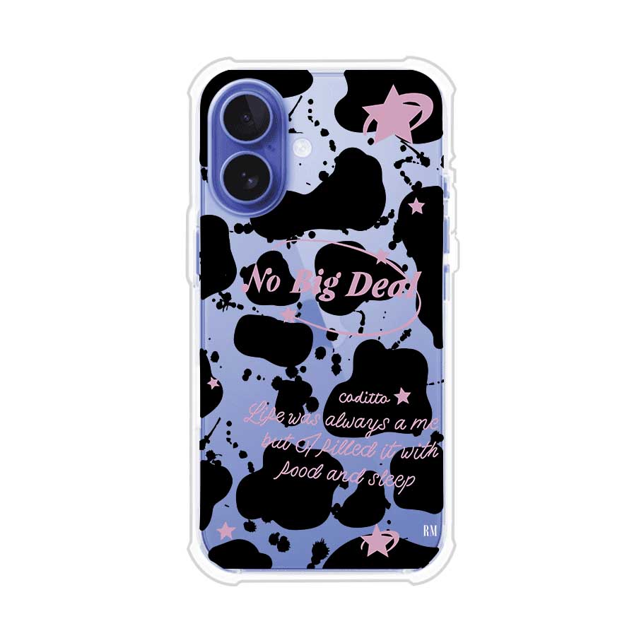 Funda estilo vaca en blanco, negro y rosa con frase No Big Deal para iPhone. Diseño divertido y aesthetic. Producto de Remark Mx