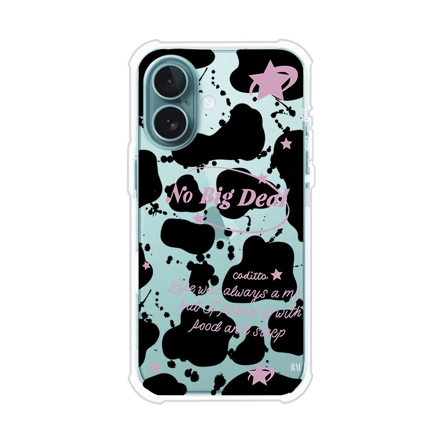 Funda estilo vaca en blanco, negro y rosa con frase No Big Deal para iPhone. Diseño divertido y aesthetic. Producto de Remark Mx