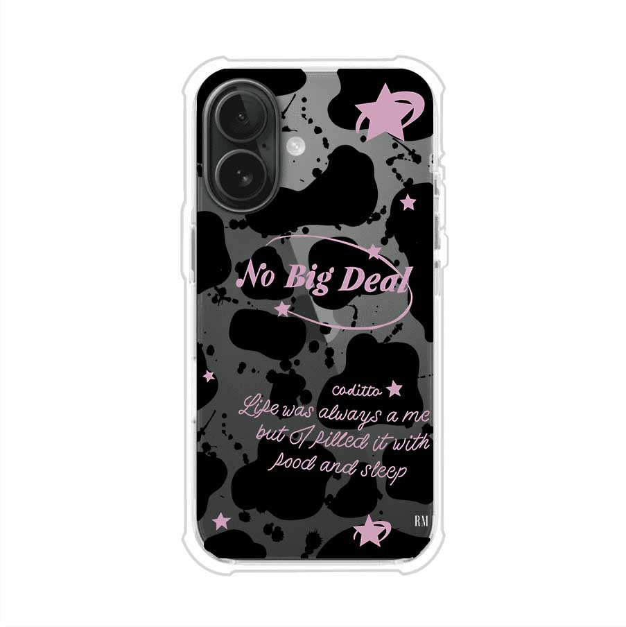 Funda estilo vaca en blanco, negro y rosa con frase No Big Deal para iPhone. Diseño divertido y aesthetic. Producto de Remark Mx