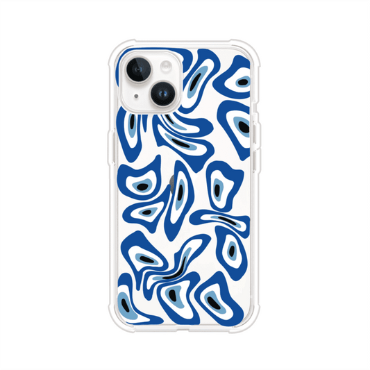 Funda para iPhone con diseño de ojos turcos en tonos azul y blanco, símbolo de protección.
iPhone case featuring Turkish evil eye pattern in blue and white, symbol of protection