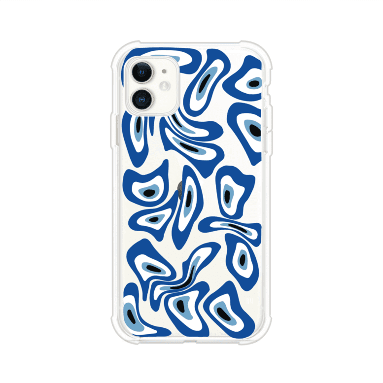 Funda para iPhone con diseño de ojos turcos en tonos azul y blanco, símbolo de protección.
iPhone case featuring Turkish evil eye pattern in blue and white, symbol of protection