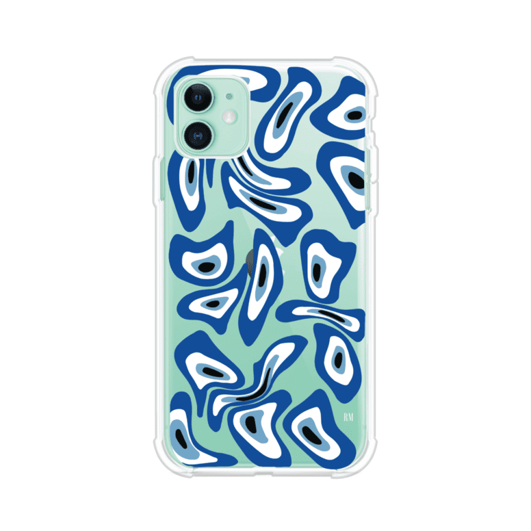 Funda para iPhone con diseño de ojos turcos en tonos azul y blanco, símbolo de protección.
iPhone case featuring Turkish evil eye pattern in blue and white, symbol of protection