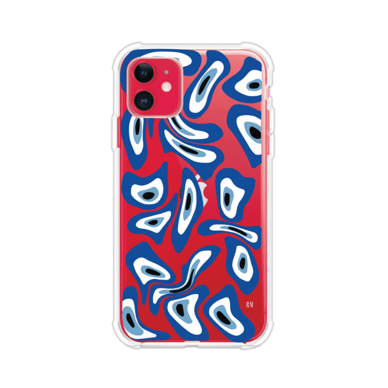 Funda para iPhone con diseño de ojos turcos en tonos azul y blanco, símbolo de protección.
iPhone case featuring Turkish evil eye pattern in blue and white, symbol of protection