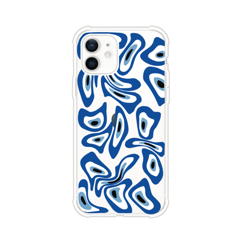 Funda para iPhone con diseño de ojos turcos en tonos azul y blanco, símbolo de protección.
iPhone case featuring Turkish evil eye pattern in blue and white, symbol of protection