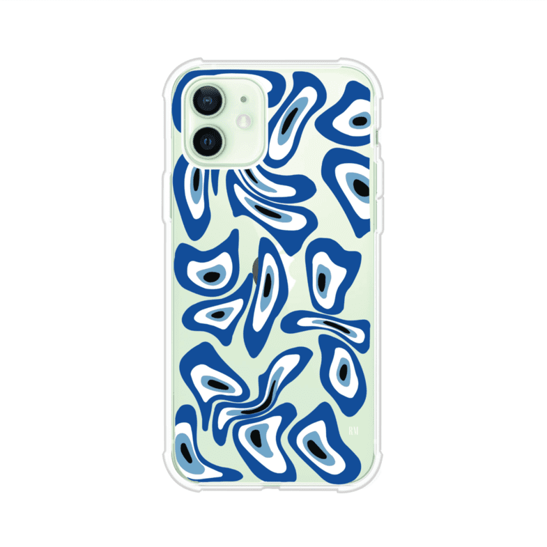 Funda para iPhone con diseño de ojos turcos en tonos azul y blanco, símbolo de protección.
iPhone case featuring Turkish evil eye pattern in blue and white, symbol of protection