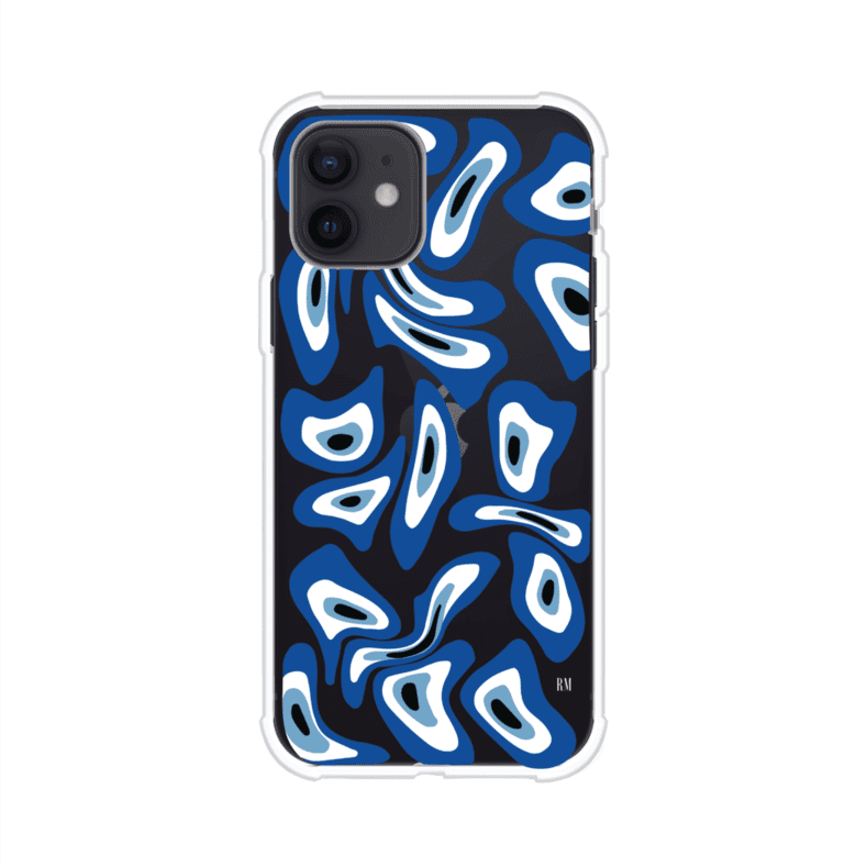 Funda para iPhone con diseño de ojos turcos en tonos azul y blanco, símbolo de protección.
iPhone case featuring Turkish evil eye pattern in blue and white, symbol of protection