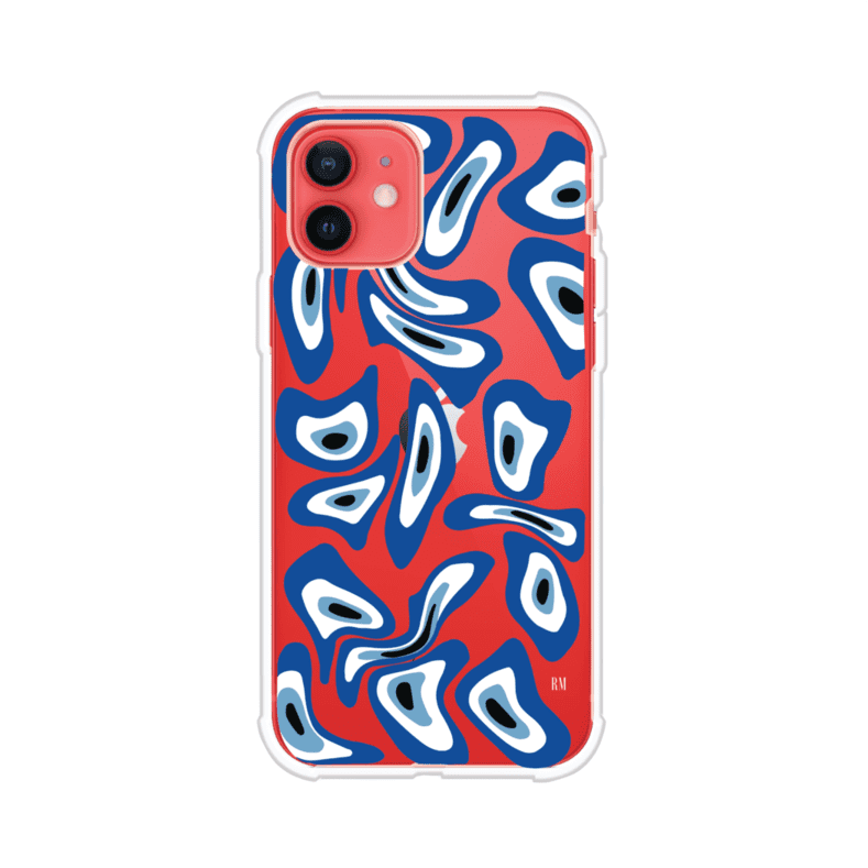 Funda para iPhone con diseño de ojos turcos en tonos azul y blanco, símbolo de protección.
iPhone case featuring Turkish evil eye pattern in blue and white, symbol of protection