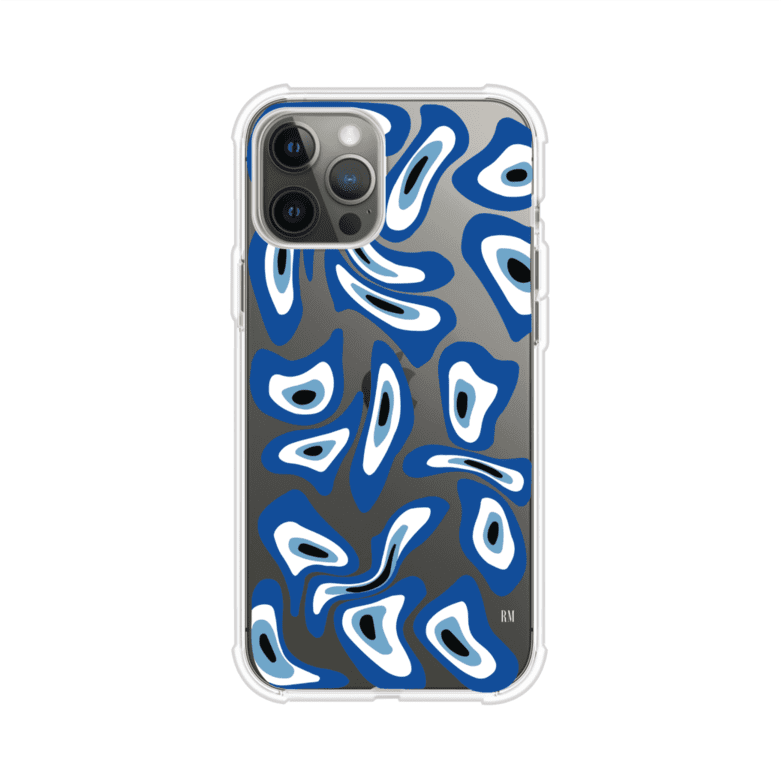 Funda para iPhone con diseño de ojos turcos en tonos azul y blanco, símbolo de protección.
iPhone case featuring Turkish evil eye pattern in blue and white, symbol of protection