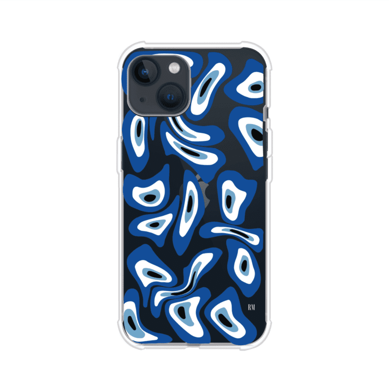 Funda para iPhone con diseño de ojos turcos en tonos azul y blanco, símbolo de protección.
iPhone case featuring Turkish evil eye pattern in blue and white, symbol of protection