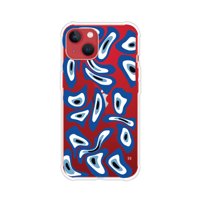 Funda para iPhone con diseño de ojos turcos en tonos azul y blanco, símbolo de protección.
iPhone case featuring Turkish evil eye pattern in blue and white, symbol of protection