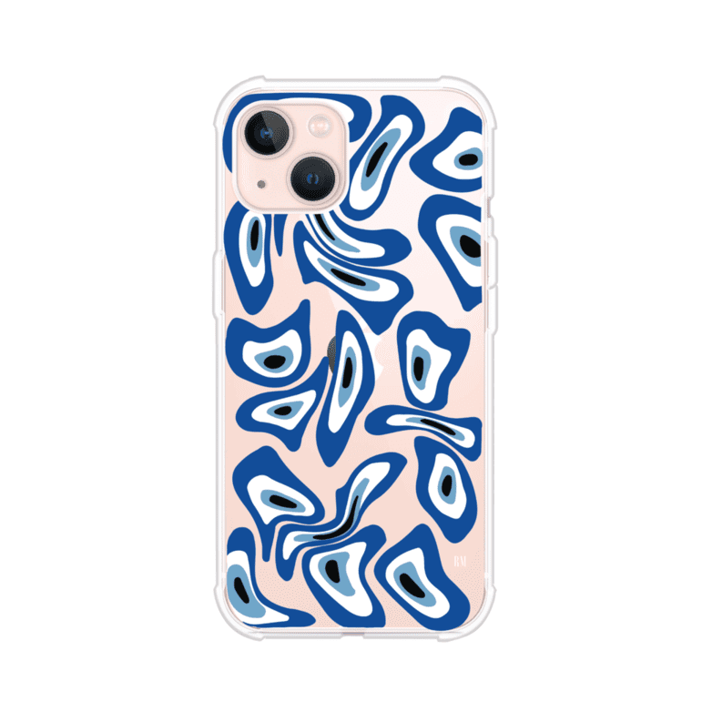 Funda para iPhone con diseño de ojos turcos en tonos azul y blanco, símbolo de protección.
iPhone case featuring Turkish evil eye pattern in blue and white, symbol of protection