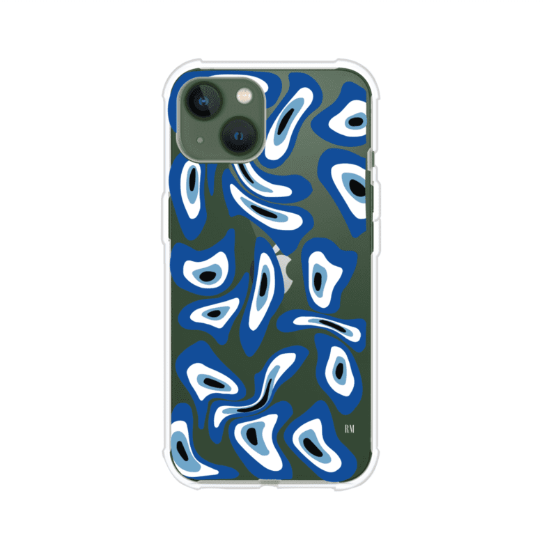 Funda para iPhone con diseño de ojos turcos en tonos azul y blanco, símbolo de protección.
iPhone case featuring Turkish evil eye pattern in blue and white, symbol of protection