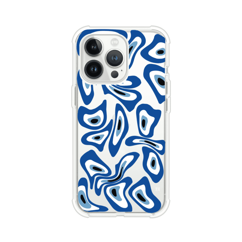 Funda para iPhone con diseño de ojos turcos en tonos azul y blanco, símbolo de protección.
iPhone case featuring Turkish evil eye pattern in blue and white, symbol of protection