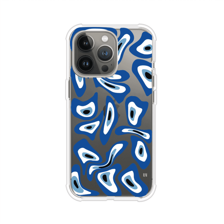 Funda para iPhone con diseño de ojos turcos en tonos azul y blanco, símbolo de protección.
iPhone case featuring Turkish evil eye pattern in blue and white, symbol of protection
